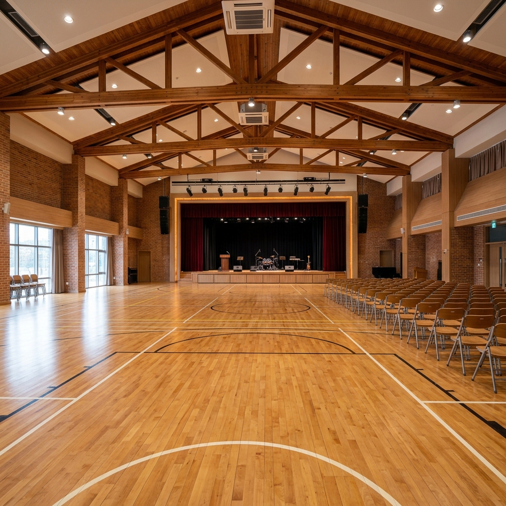 Spacious school activity hall and stage